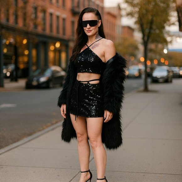 HYFVE Black Sequin Halter Crop Top & Mini Skirt Set w/ Lace-Up – Size L NWT - Picture 4 of 5